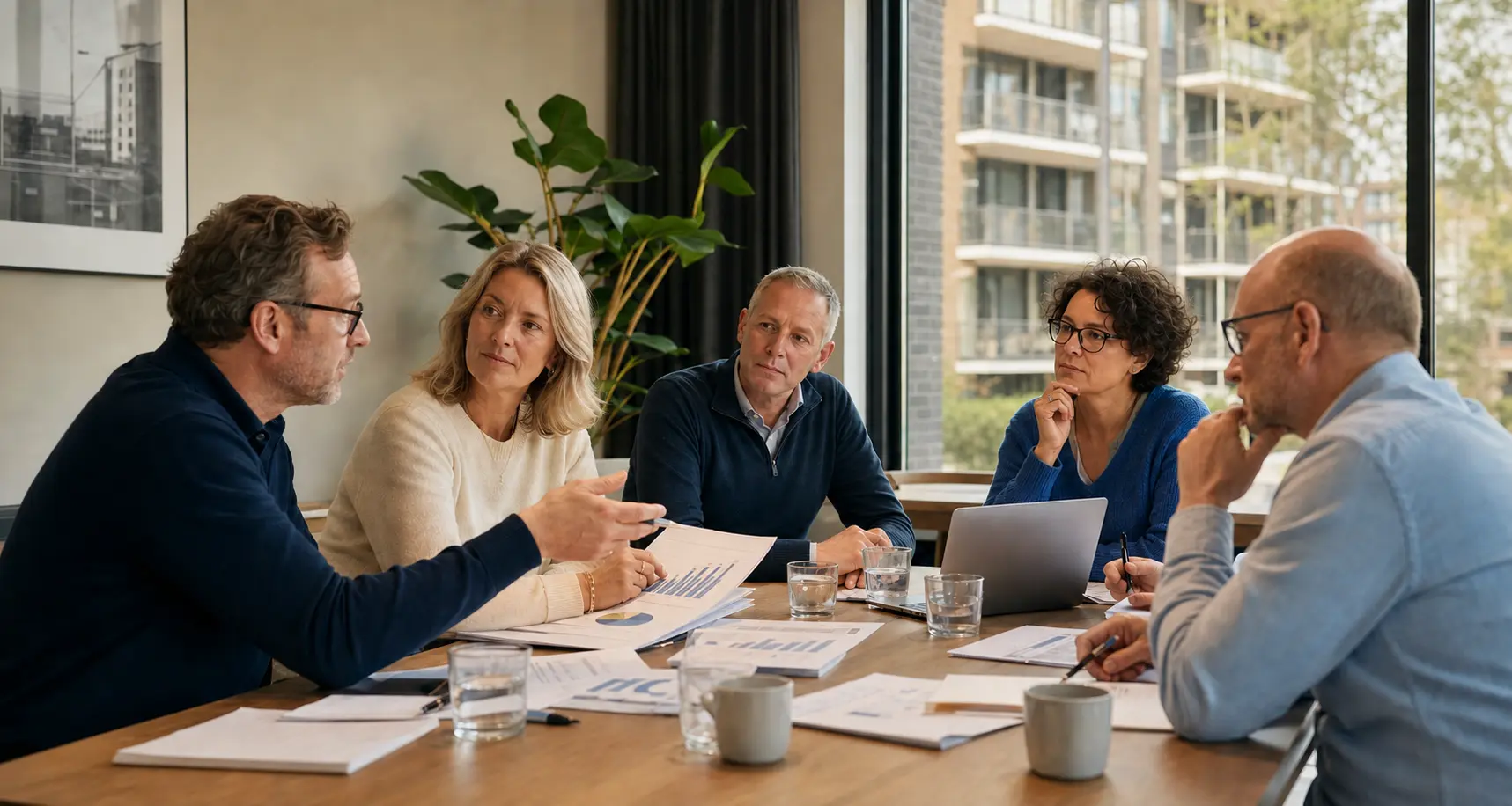 Onafhankelijk adviseur bespreekt de jaarrekening van een VvE met een grotere groep in een vergaderzaal